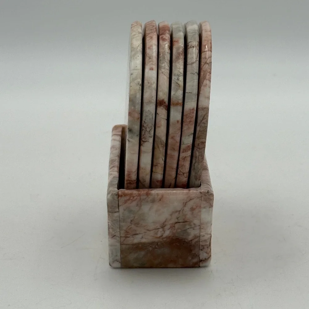 Vintage Pink Marble Coaster Set of 6 with Matching Holder Natural Stone Round